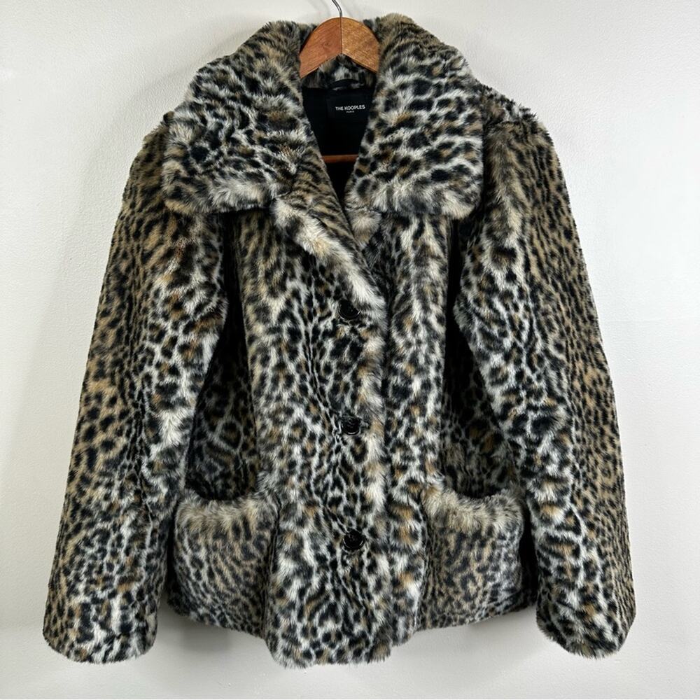 The Kooples Leopard Print Vegan Faux Fur Button Up Coat Womens Large